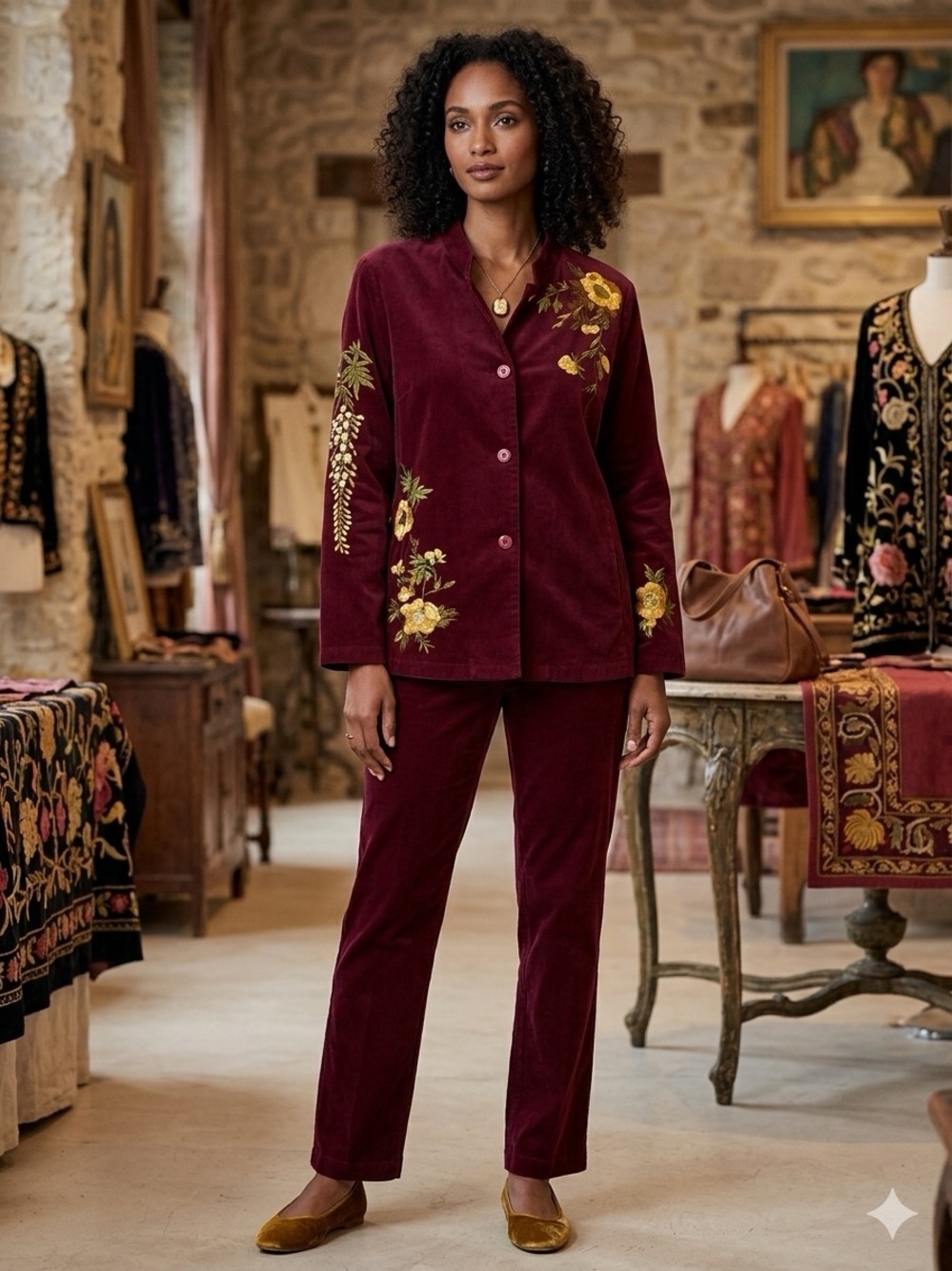 VTG Susan Graver Velvet Embroidered Jacket & Pant Set Boho Grandma Cottage NWT